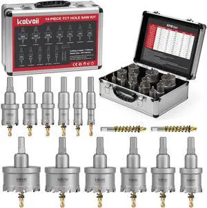 14 PCS TCT Hole Saw Kit for Hard Metal, 9/16"-2-1/8" Tungsten Carbide Tipped Hole Saw Drill Bit Heavy Duty Carbide Hole Cutter Set with Aluminum Box 2 Extra Pilot Drill Bits