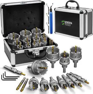 Tungsten Carbide Hole Saw Kit 22 Pcs  Carbide Hole Saw Set 9/16" to 2-1/8" for Metal, Stainless Steel, Wood  Includes 2 Drill Bits, Deburring Tool, 4 Blades, 3 Allen Wrenches  Industrial & DIY Use
