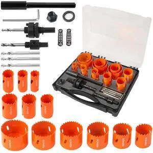 Bi-Metal Hole Saw Kit in Case, 26-Piece Hole Saw Set with 3/4" to 2-1/2", Arbor, Hex Wrench, High-Strength Carbide Steel, Hole Saw Set for Metal, PVC Board, Wood and Plywood