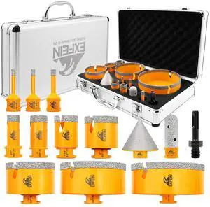 Tile Hole Saw Kit 13pcs - Diamond Core Drill Bits 6/6/8/19/25/35/50/75/102/125mm for Tile Porcelain Marble Granite with 20mm Diamond Finger Bit and 2" Chamfer Bit Trimming Hole and SDS Adapter