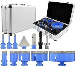 Diamond Tile Hole Saw Kit - 12Pcs 1/4'' X 2, 5/16'', 4/5'', 1-3/8'', 2'', 2-1/2'', 4'' Drill Bits, 4/5'' Finger Bit, 2'' Beveling Chamfer Bit, 2pcs Adapters for Porcelain Tile Ceramic Granite Marble