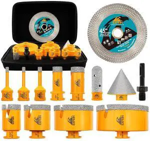 Tile Hole Saw Kit 13pcs - 6/6/8/19/25/35/50/75/102mm Diamond Core Drill Bits, 4/5 Inch Milling Bit + 2 Inch Chamfer Bit + Adapter + 4.5 Inch Grinding & Cutting Disc for Tile Marble Granite