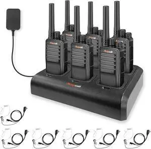 MC-528 6 Pack Walkie Talkies with Earpiece, Portable FRS Two Way Radios, 2 Way Radio Long Range, 1200mAh Battery Rechargeable, VOX with 6 Way Multi Unit Charger for Restaurant Business School