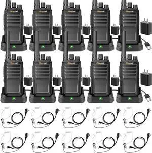 MC-528 10 Pack Walkie Talkies for Adults, Two Way Radios Long Range, 2 Way Radio with Earpiece, 1200mAh Battery, Rechargeable with Charging Base Hands Free, for Restaurant Business School
