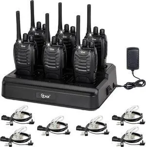 TD-V2 Walkie Talkies Long Range Two Way Radios with 6-Way Multi Unit Charger, Acoustic Tube Headset & Mic, Hands Free VOX, Frequency Copy, Flashlight for Adults School Church Camping- 6 Pack