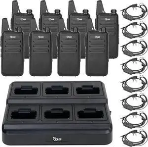 RADIO TD-M8s Walkie Talkies for Adults with Earpiece (8 Pack) Long Range Two Way Radio with 6 Way Multi Gang Charger and USB Charger for Warehouse Business Church and
