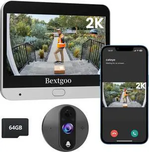 2K Video Peephole Doorbell Camera with 64GB Memory Card, Door Peephole Video Doorbell with 4.3" Color Monitor, 8000mAh Battery, 170° Wide View, Smart Detection Alerts, Night Vision