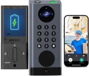 Smart Door Lock with Camera Deadbolt with Video Doorbell PIR Motion Detection Front Door Lock with Fingerprint Keypad Code Long-Lasting Battery Built-in Wi-Fi No hub Required No Drilling