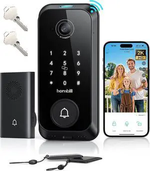Video Smart Lock with Camera: 4-in-1 Ring+2K Camera+Doorbell+Fingerprint  Keyless Entry Door Lock, Built-in WiFi Deadbolt(only 2.4G), Two-Way Audio/App Remote Control/PIR, No Monthly Fee