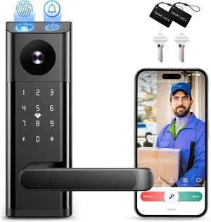Smart Lock with Camera & Doorbell, Built-in WiFi Camera Deadbolt Lock for Front Door, Keyless Entry Door Lock with Handle, Fingerprint, Keypad Code, App Control, Auto Lock