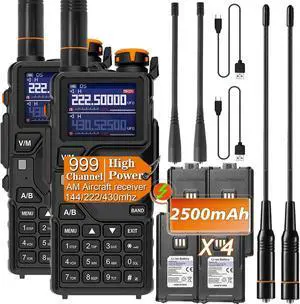 K5PLUS Tri Band Ham Radio Handheld,Walkie Talkies Long Range NOAA Weather Receiver High Power Two Way Radios with One Key Frequency Match,USB C Charger,999CH with Extra 2500mAh Battery 2 Pack
