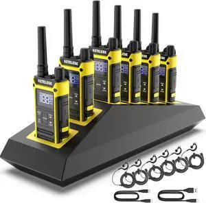 T3F IP67 Waterproof Walkie Talkies, Rugged Two Way Radio with Earpiece, Triple Proof, Three Charging Options, FRS 2 Way Radio, NOAA, VOX (6 Pack), Black/Yellow
