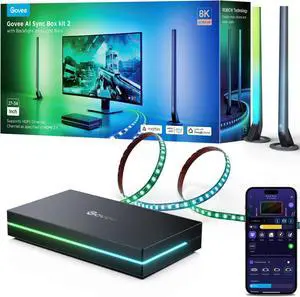 HDMI 2.1 Sync Box Kit 2, Includes AI Sync Box, Light Bars, and Monitor Backlight, Supports 8K@60Hz, 4K@144Hz, VRR and ALLM, Works with Matter and Alexa, RGBIC Light Strip for 27-34 inch Monitor