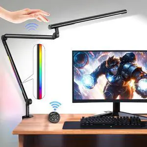 LED Desk Lamp with Clamp, 18W Architect Desk Lamp with Dual Light, Flexible 3 Sections Swing Arm, with RGB Light, with Remote, with Sensor Switch, Stepless Dimming, 4 Color Mode & 5 Brightness