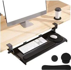 Keyboard Tray, 25 in. Pine Plastic, Keyboard tray Under Desk with Wrist Rest, Mouse Pad, Cup Mat, Lightweight Slide Out Tray, Easy Assemble Adjustable C clamp