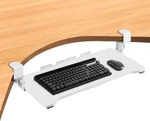 Keyboard Tray Under Desk Height Adjustable,Pull Out with Adjustable C Clamp Mount System for L-Shaped Tables, Extra Sturdy, 26.4 x 11.8 Slide-Out Platform Computer Drawer for Typing,White
