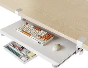 Keyboard Tray Under Desk, Pull Out Keyboard & Mouse Tray with C Clamp Mount, Sliding Keyboard Holder for Desk, 25.6 x 11.8 inch Large Slide-Out Platform Computer Drawer for Typing, White