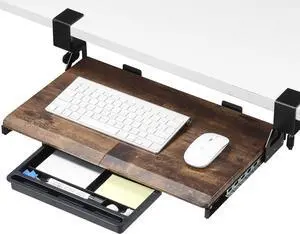 Keyboard Tray Under Desk, 19.7" X 12.2" Small Size C Clamp Keyboard Drawer Under Desk, Computer Keyboard Stand Slide Pull Out, Ergonomic Keyboard Tray for Home, Office (Wood)