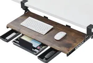 Keyboard Tray Under Desk, Pull Out Keyboard & Mouse Tray with C-clamp, Ergonomic Desk Keyboard Tray Slide Out, Pull Out Platform Drawer for Home and Office(Wood)