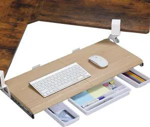 Keyboard Tray Under Desk, Ergonomic Corner Keyboard Tray with 180° Adjustable C Clamp for L Shape Desk 26.77" X 12.2" Easy to Install, Computer Keyboard Stand for Home and Office(Oak)