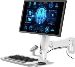 MED02 Medical Wall Mount Workstation with Folding Keyboard Tray | Large Sliding Mouse Pad | Height Adjustment Space Save Folding Design for 17"-35" Screen | Scanner Holder