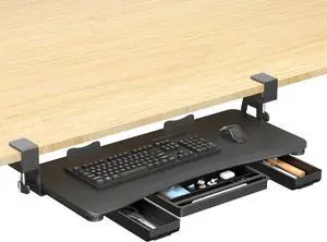 Under Desk Keyboard Tray with Storage Drawer  26.7" x 11.8" Large Workspace, Heavy-Duty C-Clamp Mount, Adjustable Height, Easy Installation  Perfect for Home Office, DSF6CT