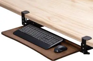 Under Desk Keyboard Tray with Wrist Rest Bamboo Wood Keyboard Drawer with Full Size Mouse Pad, Walnut Color, KBT-2