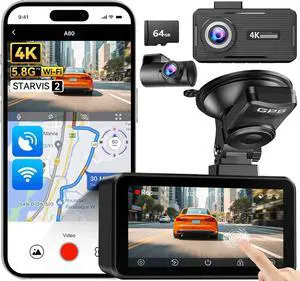 A80 4K Dual Dash Cam Front and Rear with 3.2" Touchscreen, 64GB Card, GPS & 5.8GHz WiFi, Enhanced Night Vision, Parking Mode, Button Touch Control, Support 256GB Max