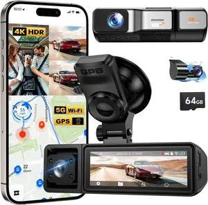 K800 4K+1080P+1080P 3 Channel Dash Cam, Dash Cam Front and Rear Inside, 5.8GHz WiFi Built-in GPS, Free 64GB Card, 3.2" IPS Screen Dash Camera for Cars, IR Night Vision, 24H Parking Mode, G-Sensor