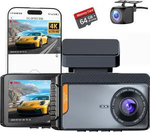 4K Wi-Fi 6 Dual Channel Dash Cam, Cam Front and Rear 4K+1080P for Cars, Camera with 64GB Card, APP Control, G-Sensor, 24 Hours Parking Mode, Loop Recording, Night Vision