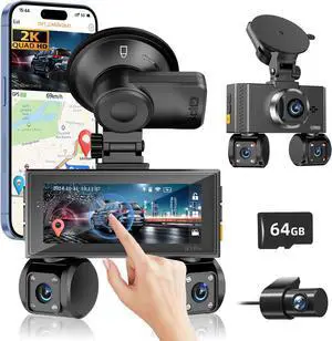 4 Channel Dash Cam Front and Rear, 360°Dash Camera for Car FHD 2K+3x1080P Touch Screen, 8 IR Night Vision, 5G WiFi, APP Control, G-Sensor, Loop Recording, Built-in GPS with 64GB Card, Parking Mode