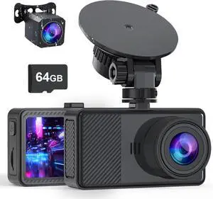 Dash Cam Front and Rear, 2.5K+1080P Dual Dash Camera for Cars, 2 Display Mini Car Camera, G-Sensor Dashcam, Night Vision, 24H Parking Mode, Loop Recording, 170°Wide Angle, 64GB Card Included, Black