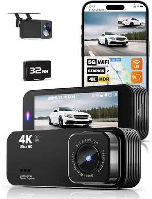 4K Dual Dash Cam Front and Rear, Camera for Cars with 32GB Card, Built-in 5G WiFi, 3.16 IPS Screen, Night Vision, 170°Wide Angle, WDR, 24H Parking Mode