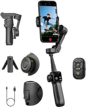 Gimbal Stabilizer for iPhone w/Bluetooth Remote, 3-axis Phone w/7.8 Extension Rod, AI Face Tracking Smartphone Gimbal, Gesture Control Video Shooting - Smart V8 Kit Black