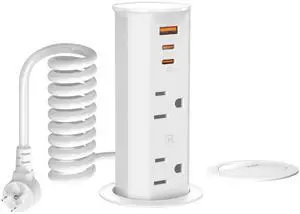 2 inch Space Saver Pop Up Outlet for Countertop with Retractable Cord,20W USB Ports,Tamper Resistant Outlets,Splashproof Socket,Desk Power Grommet Home Office Kitchen