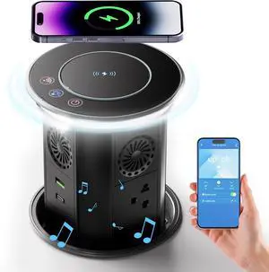 Pop up Outlet for Countertop with Mobile APP Remote Control,Pop Up Outlet with 15W Wireless Charger,Max 20W Power Delivery,Pop Up Electrical Outlet with 3Outlets 2USB Ports and Speaker for Home Office