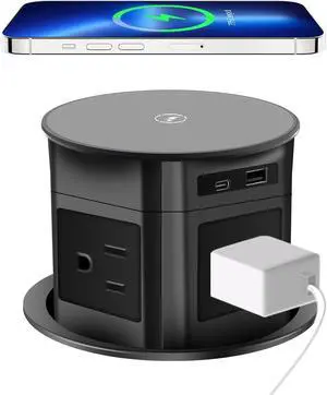 Pop Up Outlet; 15W Wireless Charger, 4 Outlets 1875W USB C 20W Super Charging 6.5FT 16AWG Cable 3.86 inch Desk Hole Pop Up Power Outlet for Kitchen Countertop,Office Table (Black)