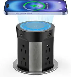 Pop Up Outlet for Countertop Kitchen, 15W Wireless Charger, 75W USB C Counter Top Electrical Power, 8 Outlets & 4 Ports, 4" Hole Recessed Popup Island Conference Table
