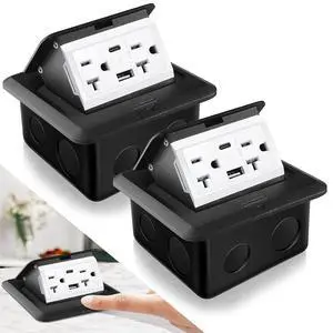 2 Pack Pop up Floor Outlet Kit Waterproof Electrical Cover Box with 4.8A USB A & Type C Charge and 20 Amp Tamper Resistant Socket Receptacle for Countertop Office Home(Black)