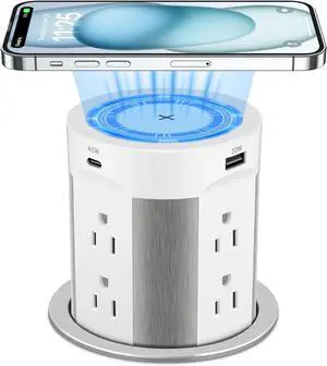 Pop Up Outlet for Countertop, 15W Wireless Charger PD 45W, 2 USB-A & 2 USB-C & 8AC Outlets 15A Tamper Resistant, 4-inch Island Kitchen Pop Out