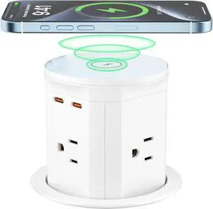Pop Up Countertop Outlet with 20W USB-C, 15W Wireless Charger, Desk Charging Station 4 Outlets 3 USB Ports, 3/8 Hole Desktop Power Grommet for Home Office (White)