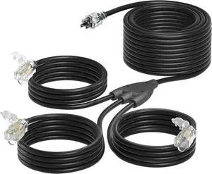 42FT Outdoor Extension Cord with Multiple Outlets, 1 To 3 Splitter Total 42FT(Max Length 30FT From End End), 16/3 SJTW Split for Halloween And Christmas Decoration, ETL Listed