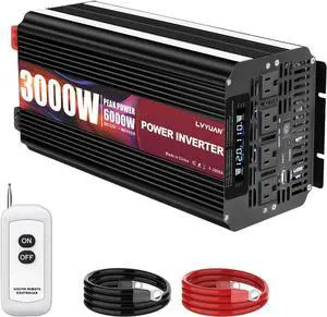 3000 Watt Power Inverter 12V to 110V 120V for Vehicle, Solar System, Heavy Duty, RV, Truck, Off Grid,Camping with 4 AC Outlets, LCD Display, Wireless Remote Control, Car