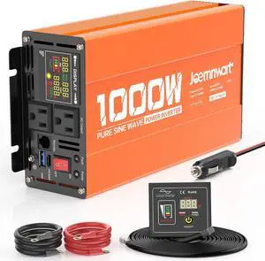 1000W/2000W(Peak) Power Inverter DC 12V to 110V AC with LCD Display, Remote Control, 2 Outlets, Fast Charging USB Charger, Car Pure Sine Wave for Home Laptop Truck