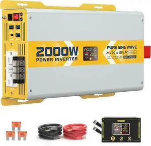 2000W Pure Sine Wave Power Inverter 24V DC to 120V GFCI AC Converter with LCD Display and Remote for Home, RV, Truck, Off-Grid Solar