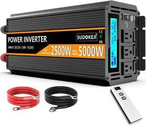 2500W Power Inverter 12V DC to AC 110V/120V (Peak) 5000W Converter 3 sockets car with Remote Control and LED Display 3.4v USB Port