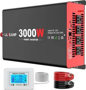 3000 Watt Power Inverter 12V DC to 110V AC Car with 4 Outlets, 30W Type-C Port, 3.1A USB Remote Controller on LCD Screen, Converter for Truck, Home, Vehicles,Trip