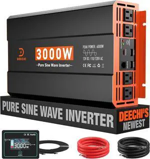 3000 Watt Pure Sine Wave Inverter 12V DC to 110V/120V AC Converter for RV/Truck/Home/Off-Grid Solar Car Power Vehicles with 4 AC, 2 USB & 1 Type-C Ports, Remote Controller Cable Included