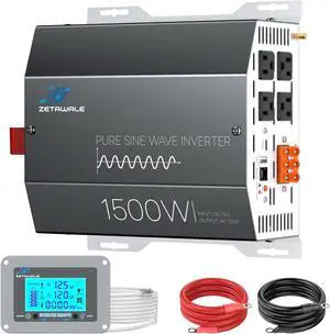 1500 Watt Pure Sine Wave Inverter 12v DC to 110v 120v AC Converter,3000W Peak Power with 4 Outlets,USB Port,Type-C,Remote Control LCD Display for Truck, RV, Vehicles, Solar Off-Grid