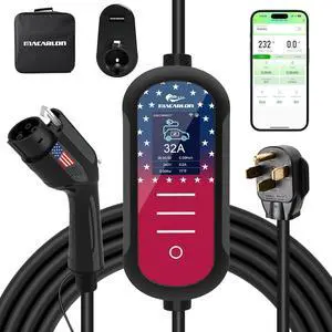 Level 2 EV Charger 32A, 240V,7.68KW, NEMA 14-50 Plug,Electric Vehicle Portable,25ft Cable,Plug & Play for J1772,for Home and Outdoor (Black)